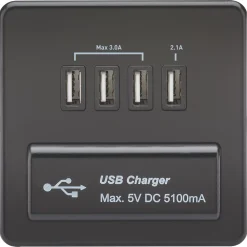 Knightsbridge SFQUADMB 5.1A 4-Outlet Type A USB Socket Matt Black With Black Inserts