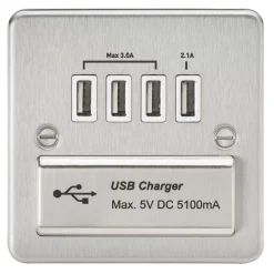 Knightsbridge FPQUADBCW 5.1A 4-Outlet Type A USB Socket Brushed Chrome With White Inserts