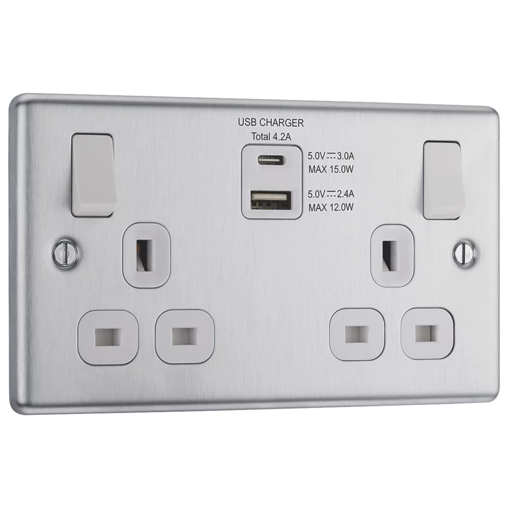 LAP 13A 2-Gang SP Switched Socket + 4.2A 2-Outlet Type A & C USB Charger Brushed Stainless Steel With White Inserts 4 LAP 13A 2-Gang SP Switched Socket + 4.2A 2-Outlet Type A & C USB Charger Brushed Stainless Steel With White Inserts - Image 2