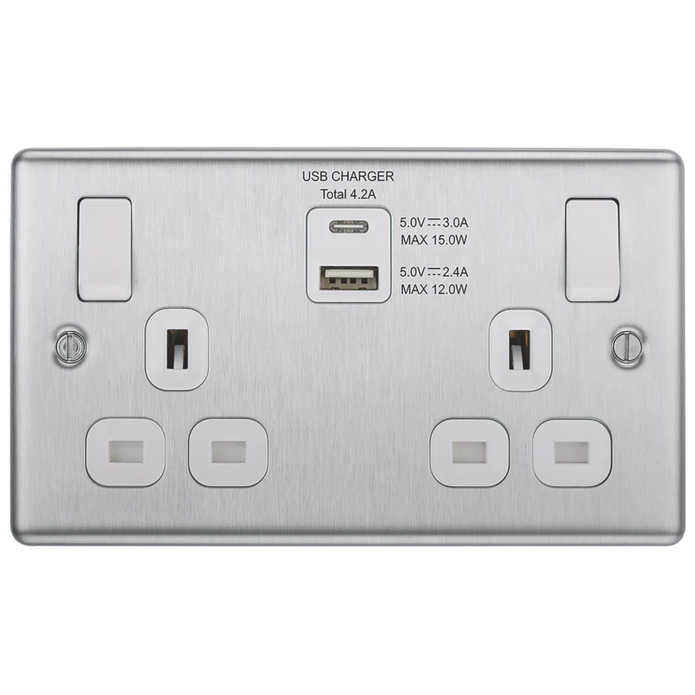LAP 13A 2-Gang SP Switched Socket + 4.2A 2-Outlet Type A & C USB Charger Brushed Stainless Steel With White Inserts 5 LAP 13A 2-Gang SP Switched Socket + 4.2A 2-Outlet Type A & C USB Charger Brushed Stainless Steel With White Inserts - Image 3