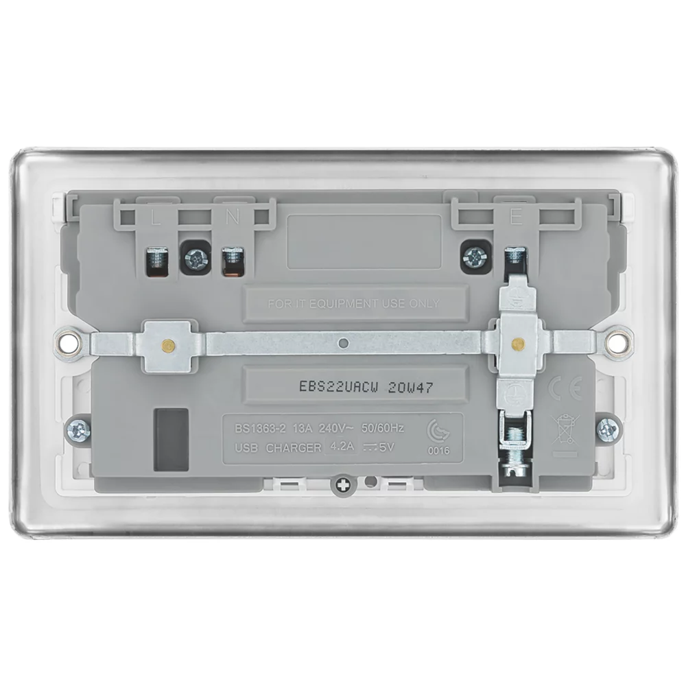 LAP 13A 2-Gang SP Switched Socket + 4.2A 2-Outlet Type A & C USB Charger Brushed Stainless Steel With White Inserts 6 LAP 13A 2-Gang SP Switched Socket + 4.2A 2-Outlet Type A & C USB Charger Brushed Stainless Steel With White Inserts - Image 4