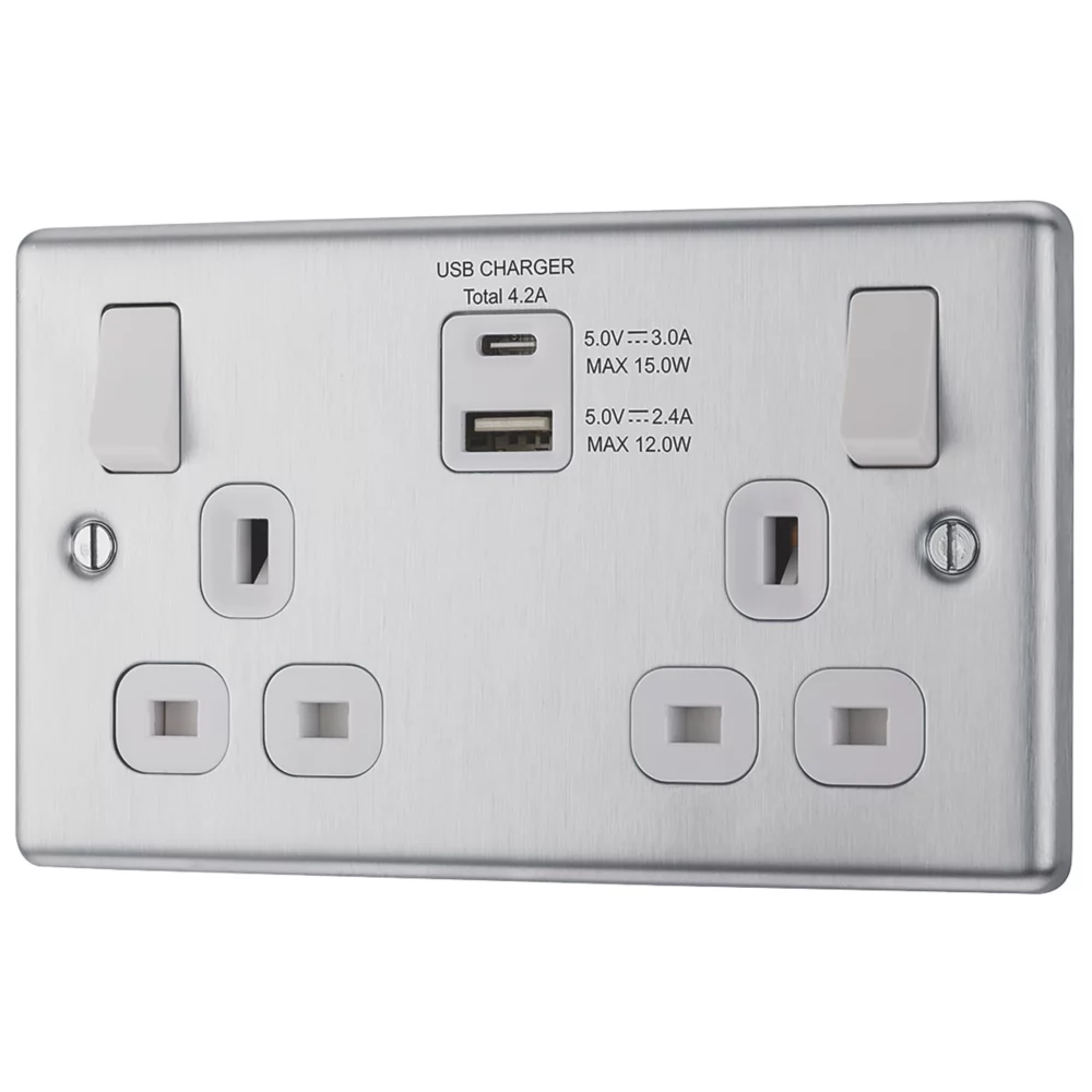 LAP 13A 2-Gang SP Switched Socket + 4.2A 2-Outlet Type A & C USB Charger Brushed Stainless Steel With White Inserts 3 LAP 13A 2-Gang SP Switched Socket + 4.2A 2-Outlet Type A & C USB Charger Brushed Stainless Steel With White Inserts