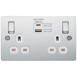 LAP 13A 2-Gang SP Switched Socket + 4.2A 2-Outlet Type A & C USB Charger Polished Chrome With White Inserts -British General Shop 575HF A2