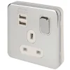 Schneider Electric Lisse Deco 13A 1-Gang SP Switched Socket + 2.1A 2-Outlet Type A USB Charger Polished Chrome With White Inserts -British General Shop 576FF P