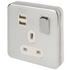 Schneider Electric Lisse Deco 13A 1-Gang SP Switched Socket + 2.1A 2-Outlet Type A USB Charger Polished Chrome With White Inserts