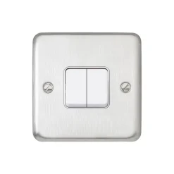 MK Contoura 10A 2-Gang 2-Way Switch Brushed Stainless Steel With White Inserts -British General Shop 576RG A1