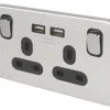 Schneider Electric Lisse Deco 13A 2-Gang SP Switched Socket + 2.1A 2-Outlet Type A USB Charger Polished Chrome With Black Inserts