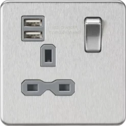 Knightsbridge SFR9124BCG 13A 1-Gang SP Switched Socket + 2.4A 2-Outlet Type A USB Charger Brushed Chrome With Colour-Matched Inserts