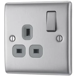 British General Nexus Metal 13A 1-Gang SP Switched Plug Socket Brushed Steel With Graphite Inserts
