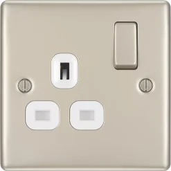 British General Nexus Metal 13A 1-Gang DP Switched Socket Pearl Nickel With White Inserts -British General Shop 593PY A2