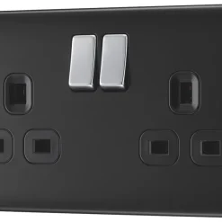 British General Nexus Metal 13A 2-Gang DP Switched Power Socket Matt Black With Black Inserts -British General Shop 59689 A2