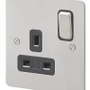 MK Edge 13A 1-Gang DP Switched Plug Socket Brushed Stainless Steel With Black Inserts -British General Shop 597FF P