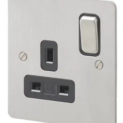 MK Edge 13A 1-Gang DP Switched Plug Socket Brushed Stainless Steel With Black Inserts