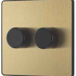 British General Evolve 2-Gang 2-Way LED Trailing Edge Double Push Dimmer With Rotary Control Satin Brass With Black Inserts