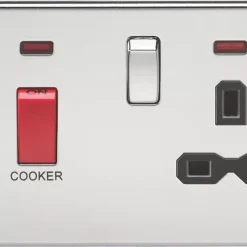 Knightsbridge SFR8333NPC 45 & 13A 2-Gang DP Cooker Switch & 13A DP Switched Socket Polished Chrome With LED With Black Inserts