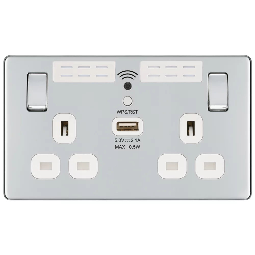 LAP 13A 2-Gang SP Switched Wi-Fi Extender Socket + 2.1A 1-Outlet Type A USB Charger Polished Chrome With White Inserts 4 LAP 13A 2-Gang SP Switched Wi-Fi Extender Socket + 2.1A 1-Outlet Type A USB Charger Polished Chrome With White Inserts - Image 2