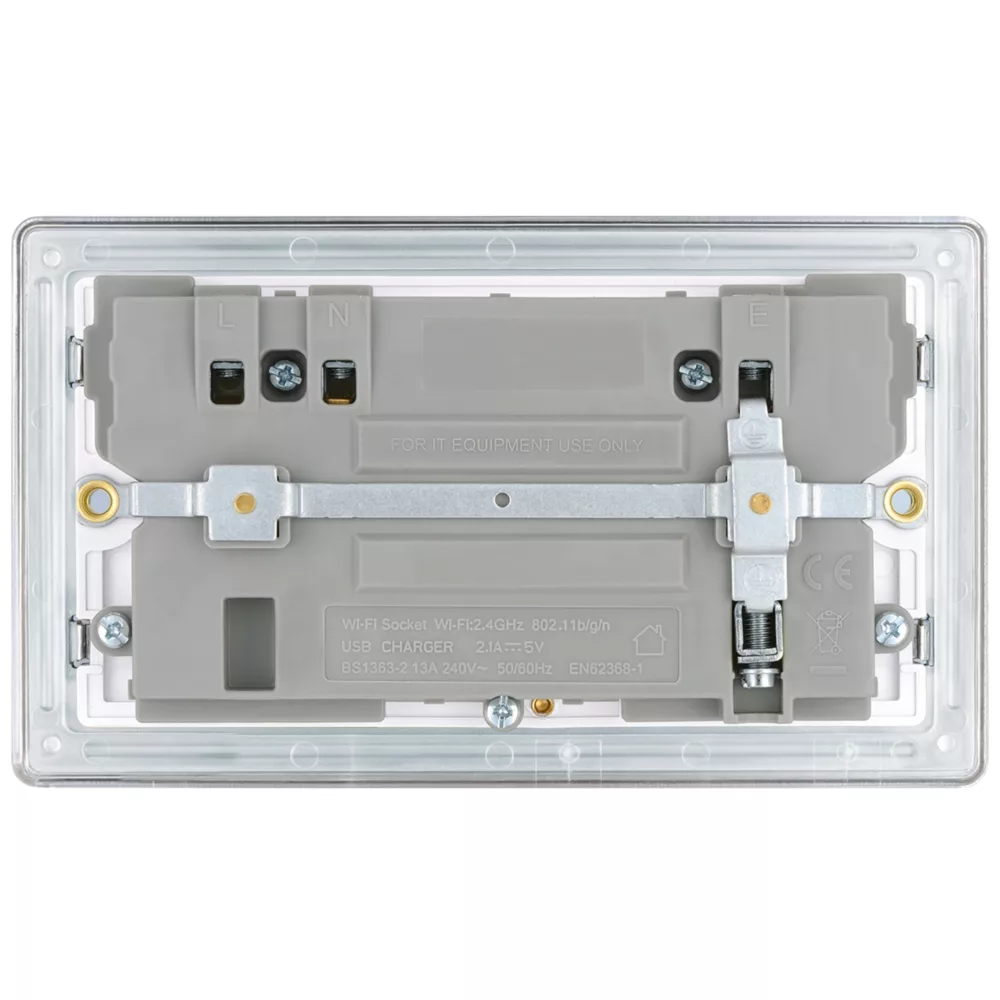 LAP 13A 2-Gang SP Switched Wi-Fi Extender Socket + 2.1A 1-Outlet Type A USB Charger Polished Chrome With White Inserts 6 LAP 13A 2-Gang SP Switched Wi-Fi Extender Socket + 2.1A 1-Outlet Type A USB Charger Polished Chrome With White Inserts - Image 4