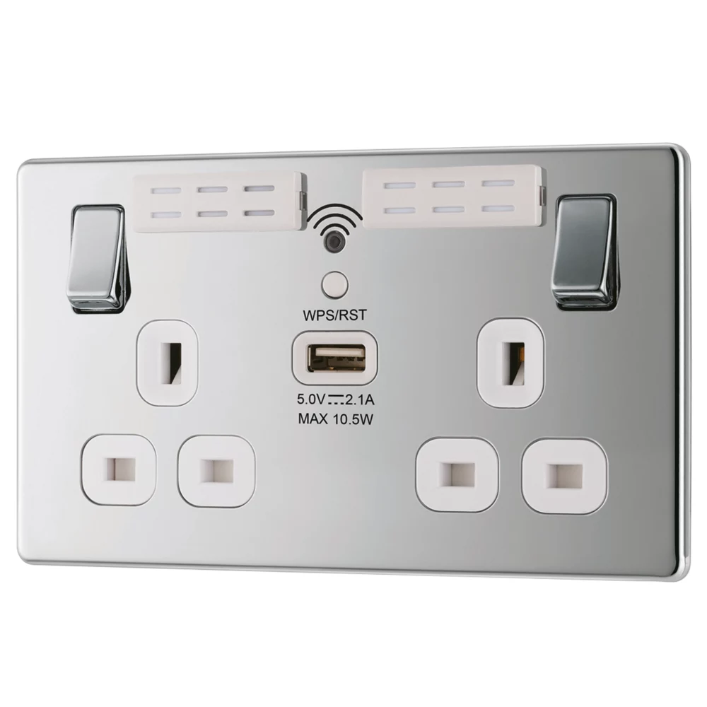 LAP 13A 2-Gang SP Switched Wi-Fi Extender Socket + 2.1A 1-Outlet Type A USB Charger Polished Chrome With White Inserts 3 LAP 13A 2-Gang SP Switched Wi-Fi Extender Socket + 2.1A 1-Outlet Type A USB Charger Polished Chrome With White Inserts