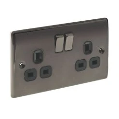British General Nexus Metal 13A 2-Gang DP Switched Plug Socket Black Nickel With Black Inserts -British General Shop 61020 A2