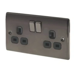 British General Nexus Metal 13A 2-Gang DP Switched Plug Socket Black Nickel With Black Inserts