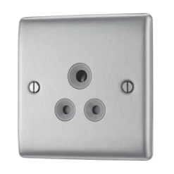 British General Nexus Metal 5A 1-Gang Unswitched Round Pin Socket Brushed Steel With Graphite Inserts