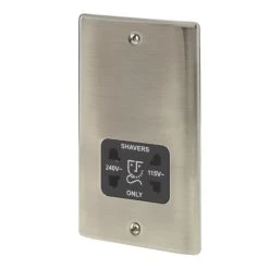 British General Nexus Metal 2-Gang Dual Voltage Shaver Socket 115 / 240V Brushed Iridium With Black Inserts