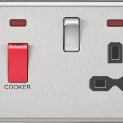 Knightsbridge CL83BC 45 & 13A 2-Gang DP Cooker Switch & 13A DP Switched Socket Brushed Chrome With LED With Black Inserts