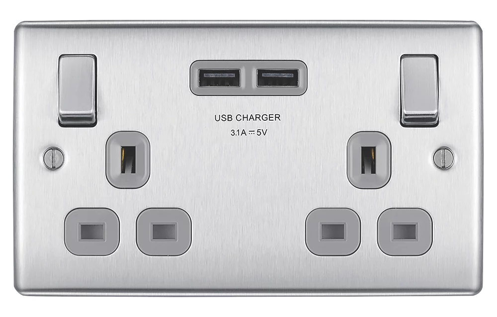 British General Nexus Metal 13A 2-Gang SP Switched Socket + 3.1A 2-Outlet Type A USB Charger Brushed Steel With Graphite Inserts 4 British General Nexus Metal 13A 2-Gang SP Switched Socket + 3.1A 2-Outlet Type A USB Charger Brushed Steel With Graphite Inserts - Image 2