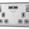 British General Nexus Metal 13A 2-Gang SP Switched Socket + 3.1A 2-Outlet Type A USB Charger Brushed Steel With Graphite Inserts -British General Shop 6218R P