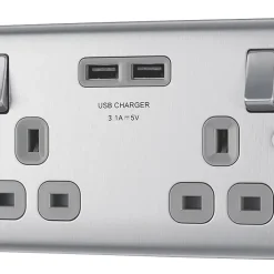 British General Nexus Metal 13A 2-Gang SP Switched Socket + 3.1A 2-Outlet Type A USB Charger Brushed Steel With Graphite Inserts