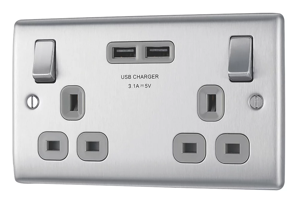 British General Nexus Metal 13A 2-Gang SP Switched Socket + 3.1A 2-Outlet Type A USB Charger Brushed Steel With Graphite Inserts 3 British General Nexus Metal 13A 2-Gang SP Switched Socket + 3.1A 2-Outlet Type A USB Charger Brushed Steel With Graphite Inserts