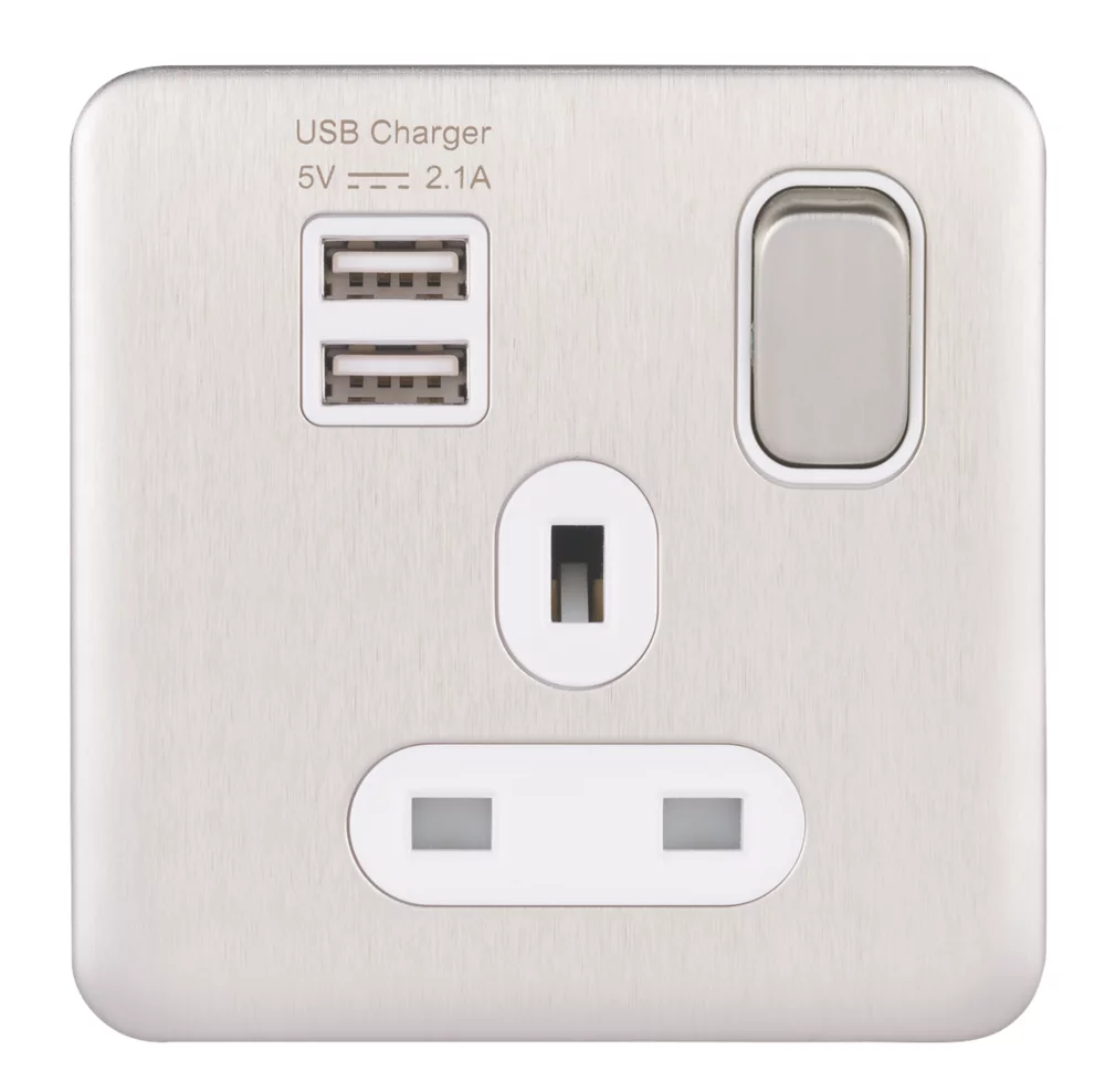 Schneider Electric Lisse Deco 13A 1-Gang SP Switched Socket + 2.1A 2-Outlet Type A USB Charger Brushed Stainless Steel With White Inserts 4 Schneider Electric Lisse Deco 13A 1-Gang SP Switched Socket + 2.1A 2-Outlet Type A USB Charger Brushed Stainless Steel With White Inserts - Image 2
