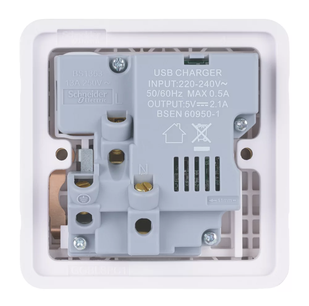 Schneider Electric Lisse Deco 13A 1-Gang SP Switched Socket + 2.1A 2-Outlet Type A USB Charger Brushed Stainless Steel With White Inserts 6 Schneider Electric Lisse Deco 13A 1-Gang SP Switched Socket + 2.1A 2-Outlet Type A USB Charger Brushed Stainless Steel With White Inserts - Image 4