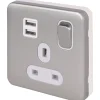 Schneider Electric Lisse Deco 13A 1-Gang SP Switched Socket + 2.1A 2-Outlet Type A USB Charger Brushed Stainless Steel With White Inserts -British General Shop 624FF P