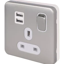 Schneider Electric Lisse Deco 13A 1-Gang SP Switched Socket + 2.1A 2-Outlet Type A USB Charger Brushed Stainless Steel With White Inserts