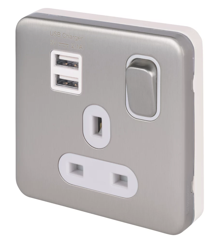 Schneider Electric Lisse Deco 13A 1-Gang SP Switched Socket + 2.1A 2-Outlet Type A USB Charger Brushed Stainless Steel With White Inserts 3 Schneider Electric Lisse Deco 13A 1-Gang SP Switched Socket + 2.1A 2-Outlet Type A USB Charger Brushed Stainless Steel With White Inserts