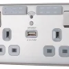 British General Nexus Metal 13A 2-Gang SP Switched Wi-Fi Extender Socket + 2.1A 1-Outlet Type A USB Charger Brushed Stainless Steel With Graphite Inserts -British General Shop 626FG P