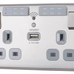 British General Nexus Metal 13A 2-Gang SP Switched Wi-Fi Extender Socket + 2.1A 1-Outlet Type A USB Charger Brushed Stainless Steel With Graphite Inserts