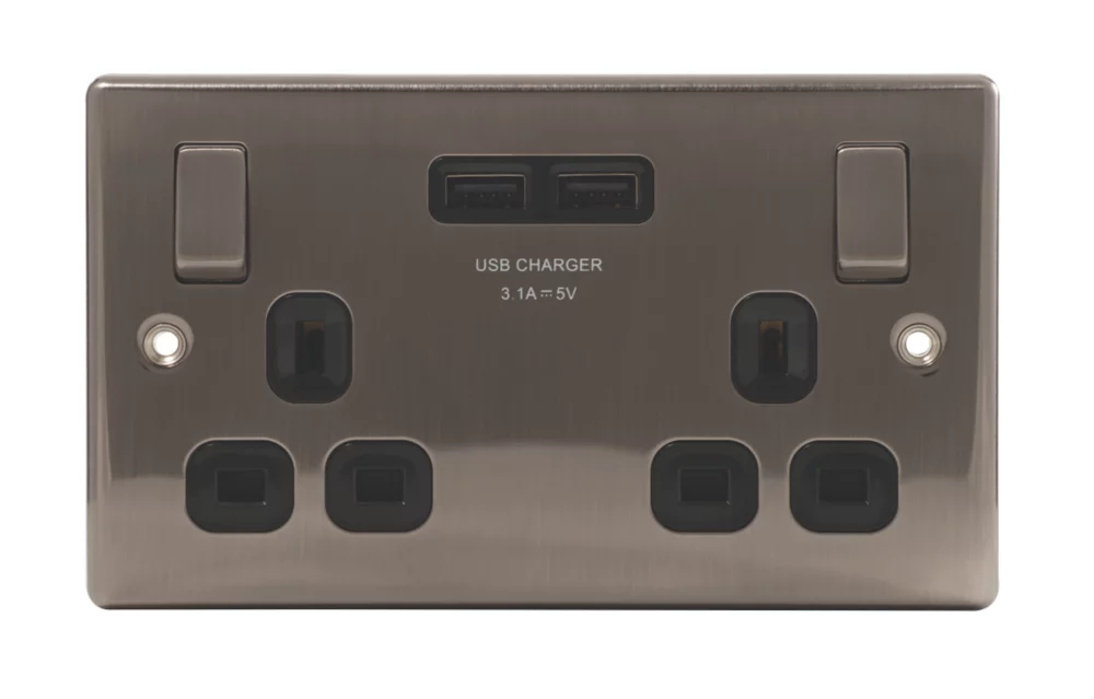 British General Nexus Metal 13A 2-Gang SP Switched Socket + 3.1A 2-Outlet Type A USB Charger Brushed Iridium With Black Inserts 4 British General Nexus Metal 13A 2-Gang SP Switched Socket + 3.1A 2-Outlet Type A USB Charger Brushed Iridium With Black Inserts - Image 2