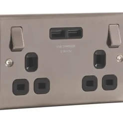 British General Nexus Metal 13A 2-Gang SP Switched Socket + 3.1A 2-Outlet Type A USB Charger Brushed Iridium With Black Inserts 9 British General Nexus Metal 13A 2-Gang SP Switched Socket + 3.1A 2-Outlet Type A USB Charger Brushed Iridium With Black Inserts -British General Shop 6271P A2