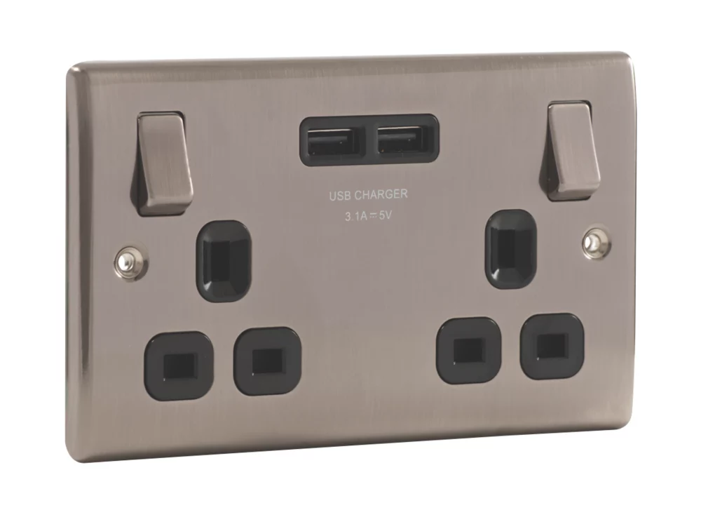 British General Nexus Metal 13A 2-Gang SP Switched Socket + 3.1A 2-Outlet Type A USB Charger Brushed Iridium With Black Inserts 5 British General Nexus Metal 13A 2-Gang SP Switched Socket + 3.1A 2-Outlet Type A USB Charger Brushed Iridium With Black Inserts - Image 3