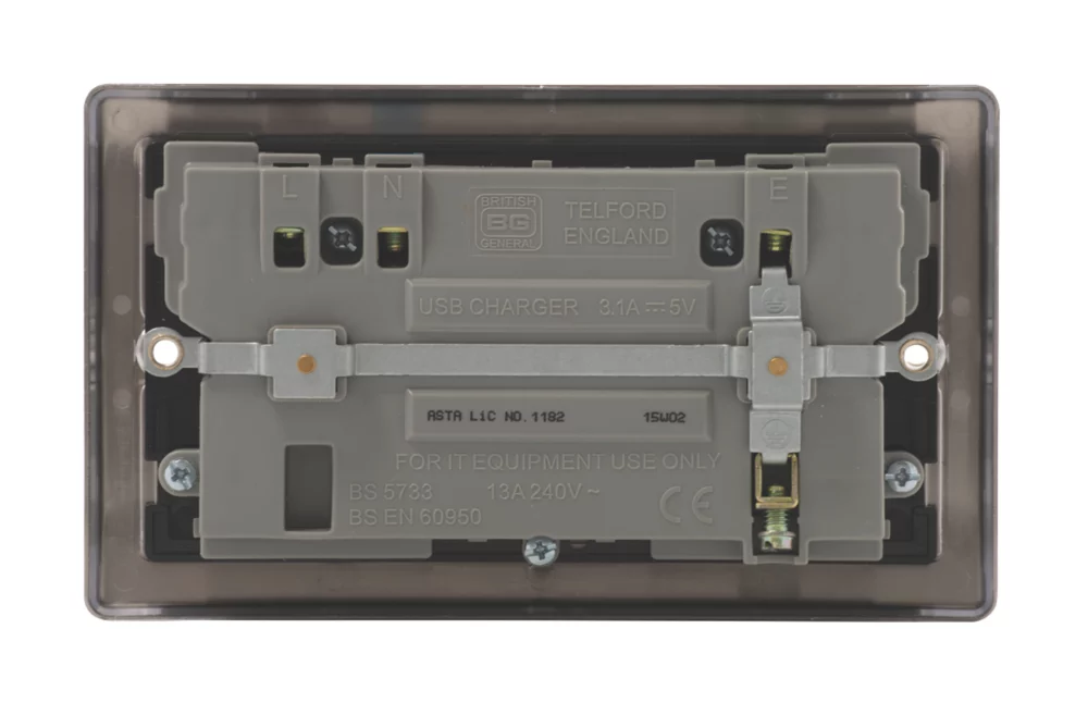British General Nexus Metal 13A 2-Gang SP Switched Socket + 3.1A 2-Outlet Type A USB Charger Brushed Iridium With Black Inserts 6 British General Nexus Metal 13A 2-Gang SP Switched Socket + 3.1A 2-Outlet Type A USB Charger Brushed Iridium With Black Inserts - Image 4