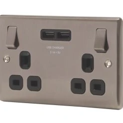British General Nexus Metal 13A 2-Gang SP Switched Socket + 3.1A 2-Outlet Type A USB Charger Brushed Iridium With Black Inserts