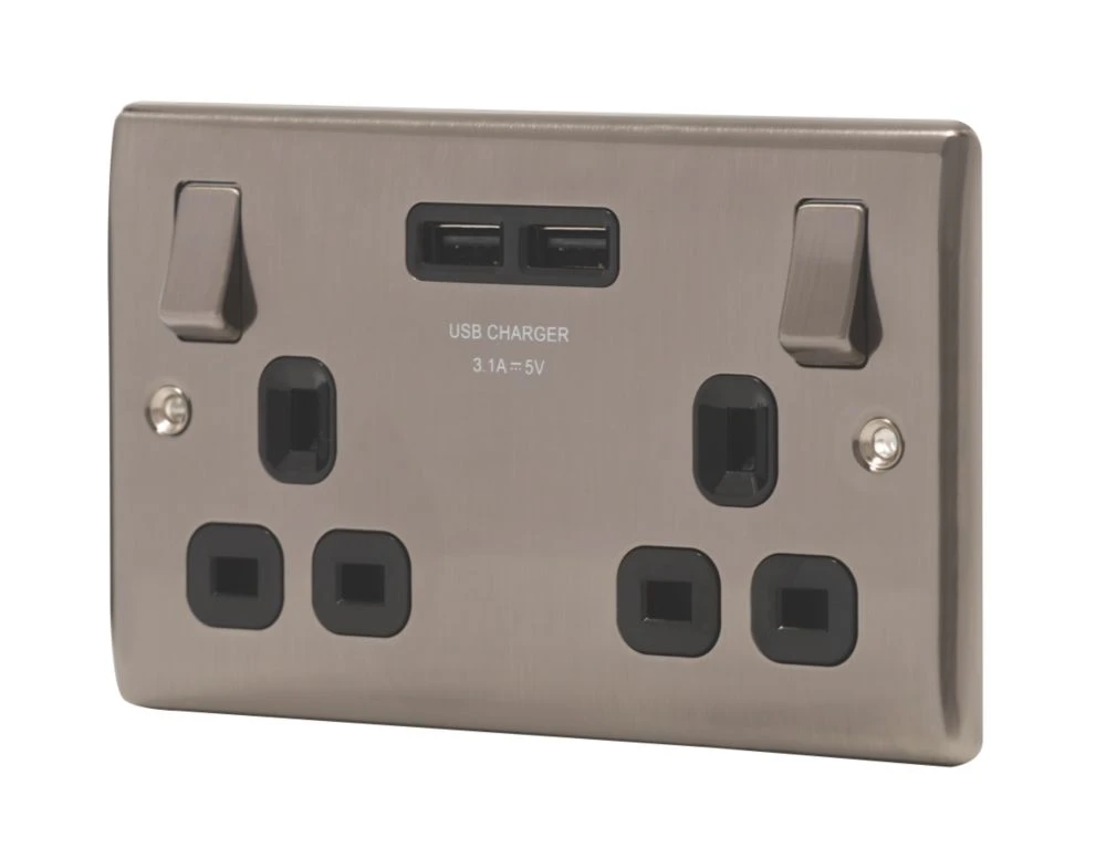British General Nexus Metal 13A 2-Gang SP Switched Socket + 3.1A 2-Outlet Type A USB Charger Brushed Iridium With Black Inserts 3 British General Nexus Metal 13A 2-Gang SP Switched Socket + 3.1A 2-Outlet Type A USB Charger Brushed Iridium With Black Inserts