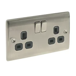 British General Nexus Metal 13A 2-Gang DP Switched Plug Socket Brushed Iridium With Black Inserts -British General Shop 63228 A2