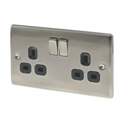 British General Nexus Metal 13A 2-Gang DP Switched Plug Socket Brushed Iridium With Black Inserts
