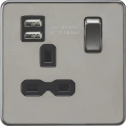 Knightsbridge SFR9124BN 13A 1-Gang SP Switched Socket + 2.4A 2-Outlet Type A USB Charger Black Nickel With Black Inserts