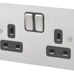 MK Edge 13A 2-Gang DP Switched Plug Socket Brushed Stainless Steel With Black Inserts