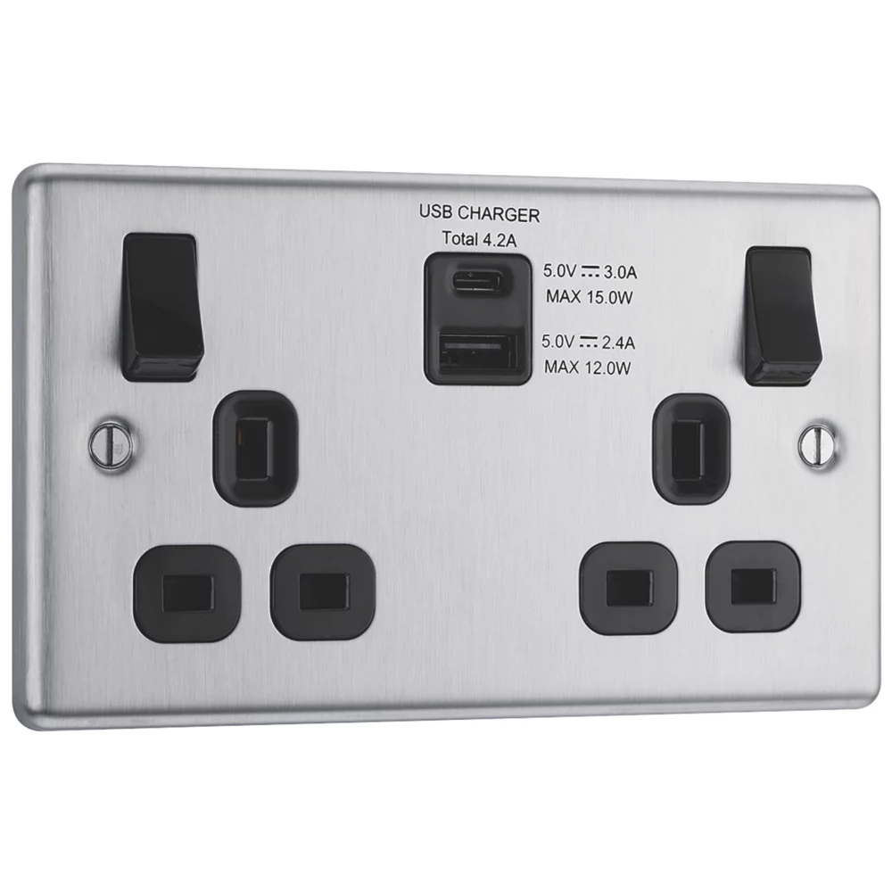 LAP 13A 2-Gang SP Switched Socket + 4.2A 2-Outlet Type A & C USB Charger Brushed Stainless Steel With Black Inserts 4 LAP 13A 2-Gang SP Switched Socket + 4.2A 2-Outlet Type A & C USB Charger Brushed Stainless Steel With Black Inserts - Image 2