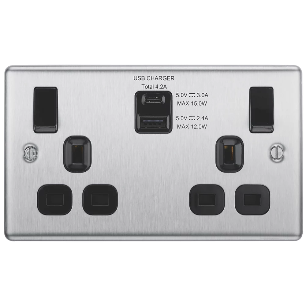 LAP 13A 2-Gang SP Switched Socket + 4.2A 2-Outlet Type A & C USB Charger Brushed Stainless Steel With Black Inserts 5 LAP 13A 2-Gang SP Switched Socket + 4.2A 2-Outlet Type A & C USB Charger Brushed Stainless Steel With Black Inserts - Image 3
